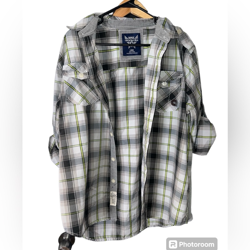 Y2K AKADEMIKS Mens Plaid Button Up Front Shirt Big & Tall 3/4 Sleeve Skate Large - Picture 1 of 13
